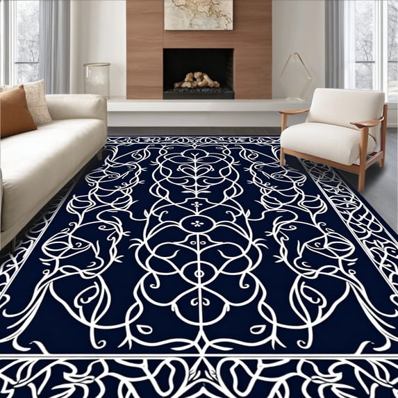 ODIKA 3'x5' Machine Washable Non-Slip Area Rug, Enchanted Vine Lattice High Traffic Rug with Pad, Blue, 541648