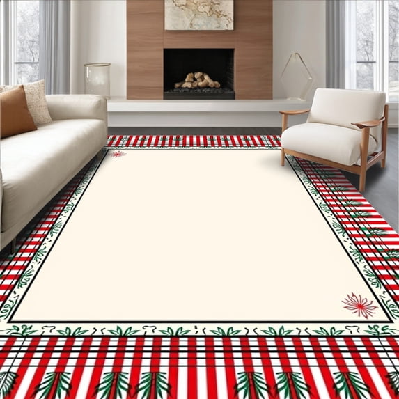 ODIKA 3'x5' Machine Washable Non-Slip Area Rug, Enchanted Winter Plaid Farmhouse Decoration Seasonal Hearth Charm High Traffic Rug, Red, 621875