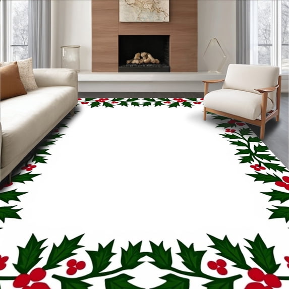 ODIKA 3'x5' Machine Washable Non-Slip Area Rug, Enchanted Winter Wonderland Deer with Holly Leaf Accent High Traffic Rug, Green, 621796