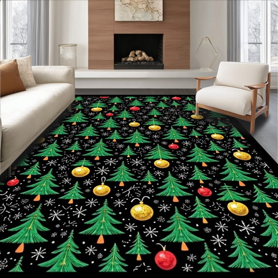 ODIKA 3'x5' Machine Washable Non-Slip Area Rug, Enchanted Winter Woodland with Sparkling Bauble Ornaments High Traffic Rug, Black, 621311