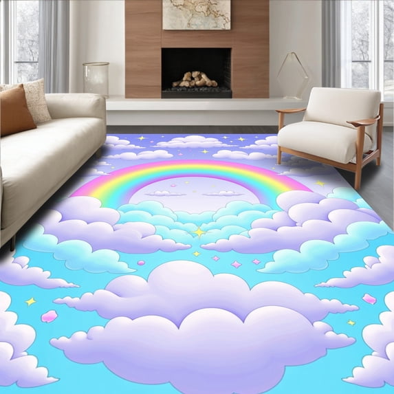 ODIKA 3'x5' Machine Washable Non-Slip Area Rug, Enchanted Wonderland Magical Plush Fairytale Wonderscape High Traffic Rug, Purple, 536078
