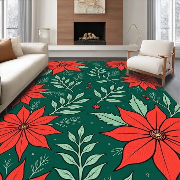 ODIKA 3'x5' Machine Washable Non-Slip Area Rug, Enchanted Wonderland Yuletide Hearth High Traffic Rug with Pad, Red, 623362