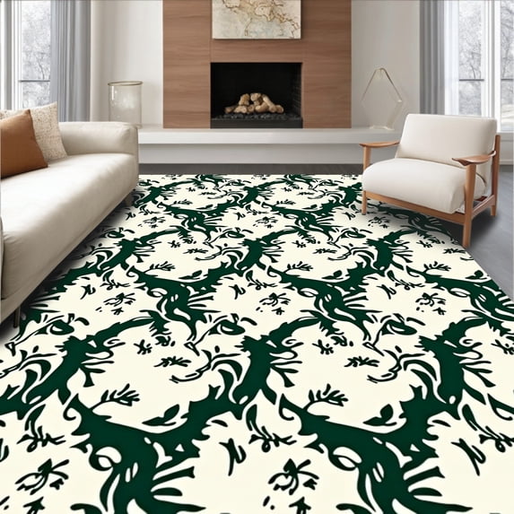 ODIKA 3'x5' Machine Washable Non-Slip Area Rug, Enchanted Woodland Foliage With Delicate Branch Motifs High Traffic Rug with Pad, Green, 529390