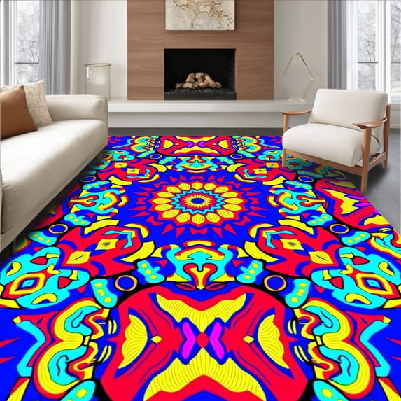 ODIKA 3'x5' Machine Washable Non-Slip Area Rug, Enchanting Kaleidoscope with Radiant Hues High Traffic Rug, Red, 396138