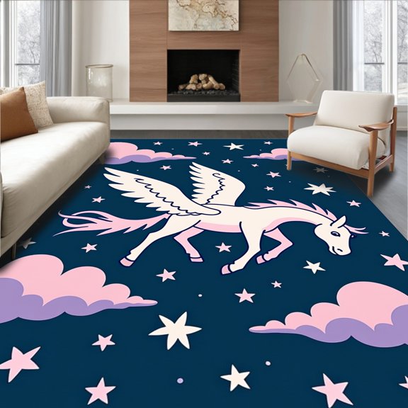 ODIKA 3x5 Machine Washable Non-Slip Area Rug, Enchanting Mythical Flying Through Dreamy Celestial Clouds High Traffic Rug, Pink, 600049