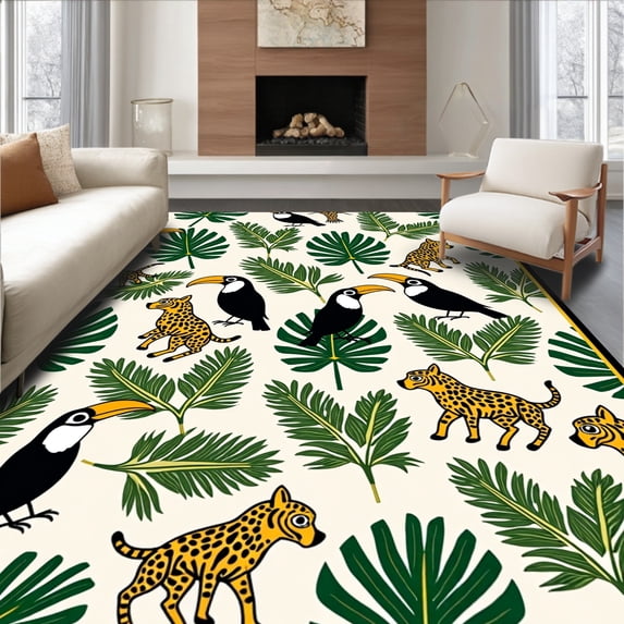 ODIKA 3'x5' Machine Washable Non-Slip Area Rug, Enchanting Tropical Canopy with Exotic Wildlife and Interlocking Leaf Motifs High Traffic Rug with Pad, Ivory, 682216