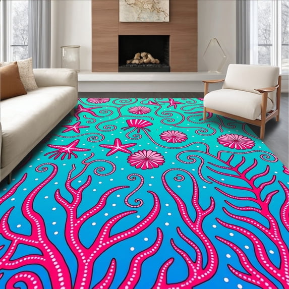ODIKA 3'x5' Machine Washable Non-Slip Area Rug, Enchanting Underwater Fantasy with Starfish and Shell High Traffic Rug, Blue, 706990
