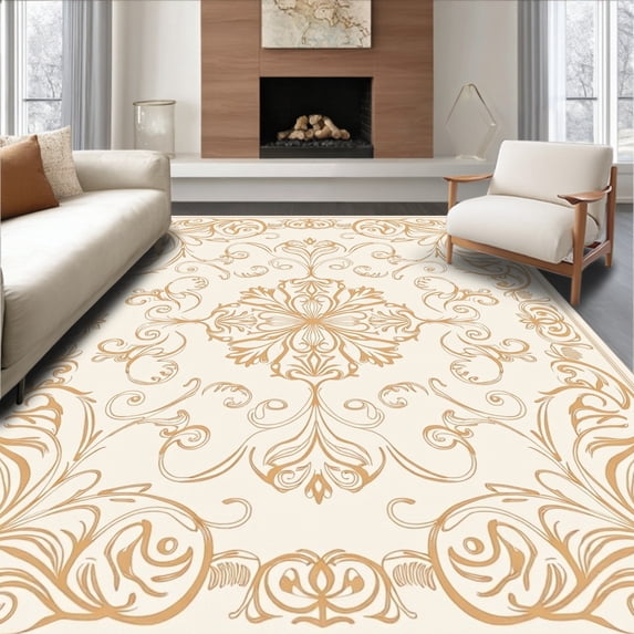 ODIKA 3'x5' Machine Washable Non-Slip Area Rug, Ethereal Damask Vine High Traffic Rug with Pad, Beige, 470537