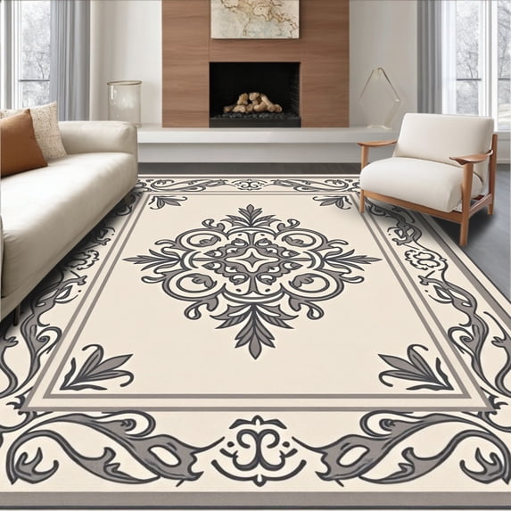 ODIKA 3'x5' Machine Washable Non-Slip Area Rug, Exquisite Floral Damask Paisley Ornamental High Traffic Rug with Pad, Beige, 582438
