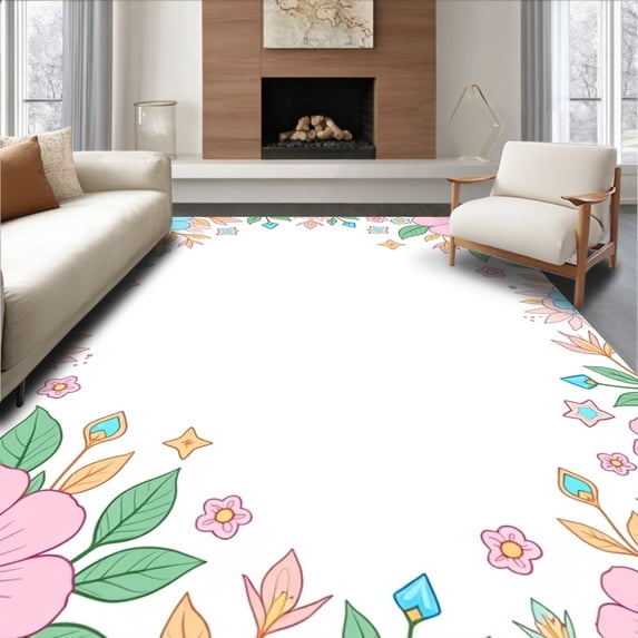 ODIKA 3'x5' Machine Washable Non-Slip Area Rug, Fantasy Garden with Scattered Gemstone Motifs High Traffic Rug with Pad, Pink, 396247