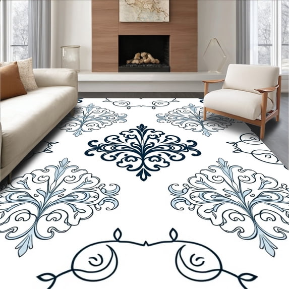 ODIKA 3'x5' Machine Washable Non-Slip Area Rug, Farmhouse Damask Scroll Machine with Timeless Design High Traffic Rug, Blue, 552301