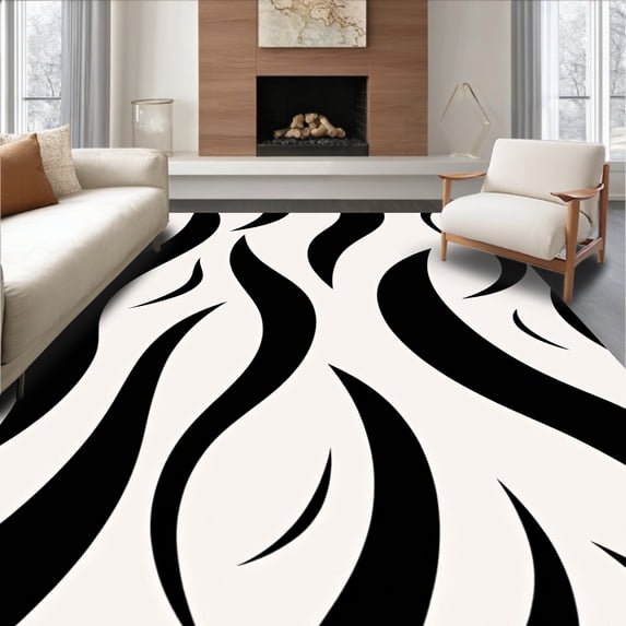 ODIKA 3'x5' Machine Washable Non-Slip Area Rug, Fauna Wavy Lined Deluxe Shag Arrangement High Traffic Rug with Pad, Black, 660180