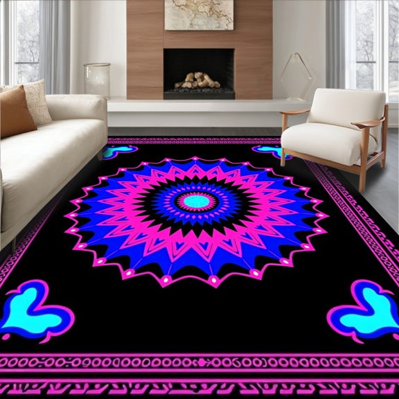 ODIKA 3x5 Machine Washable Non-Slip Area Rug, Festival Sunburst Nomadic Spirit Journey High Traffic Rug, Black, 704437