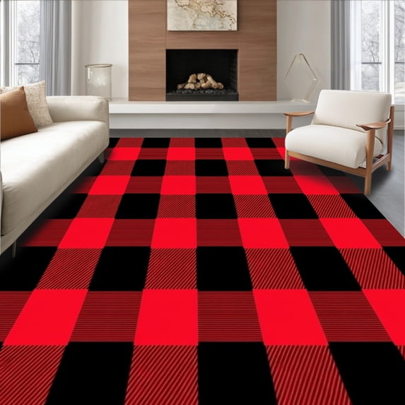 ODIKA 3'x5' Machine Washable Non-Slip Area Rug, Festive Buffalo Check with Holiday Charm Decorative Design High Traffic Rug with Pad, Black, 506360