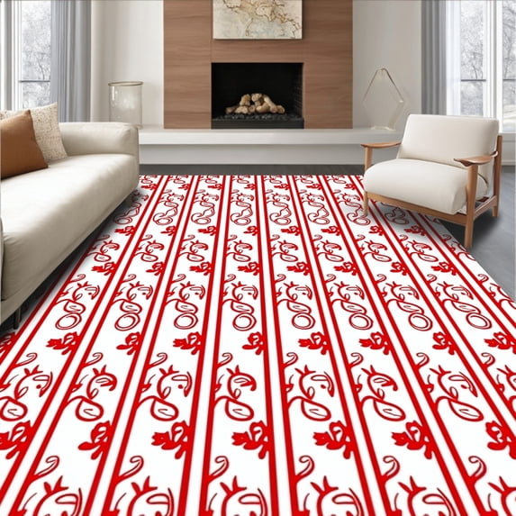 ODIKA 3'x5' Machine Washable Non-Slip Area Rug, Festive Cane Swirl Half Moon Accent with Leaf Motif High Traffic Rug, Red, 612815