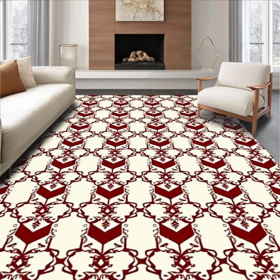 ODIKA 3'x5' Machine Washable Non-Slip Area Rug, Festive with Elegant Snowflake Accents High Traffic Rug with Pad, Ivory, 614543