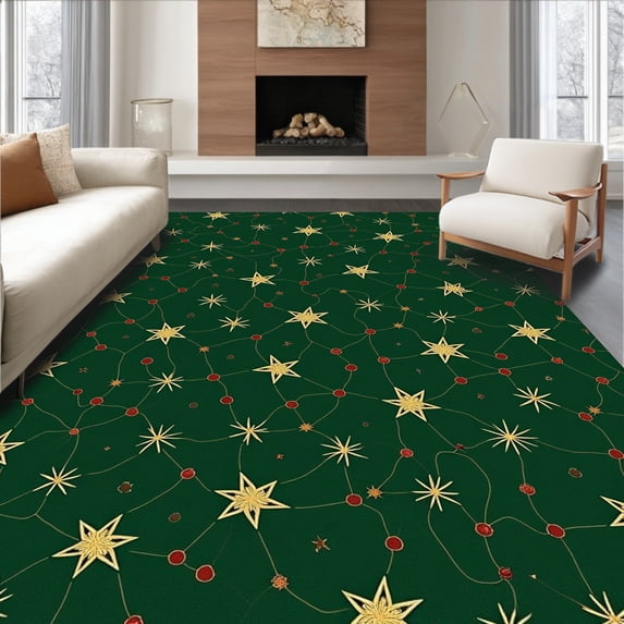 ODIKA 3'x5' Machine Washable Non-Slip Area Rug, Festive Constellation Accent with Yuletide High Traffic Rug, Green, 611323