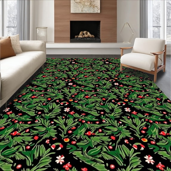 ODIKA 3'x5' Machine Washable Non-Slip Area Rug, Festive Evergreen Sprigs and Berries Holiday Door Accent High Traffic Rug, Black, 653471