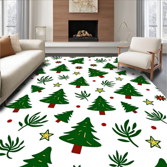ODIKA 3'x5' Machine Washable Non-Slip Area Rug, Festive Evergreen Tree with Playful Cartoon Charm High Traffic Rug with Pad, Green, 619943