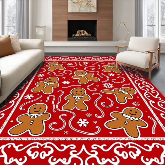 ODIKA 3'x5' Machine Washable Non-Slip Area Rug, Festive Gingerbread Swirl Holiday Bathroom High Traffic Rug with Pad, Red, 607789