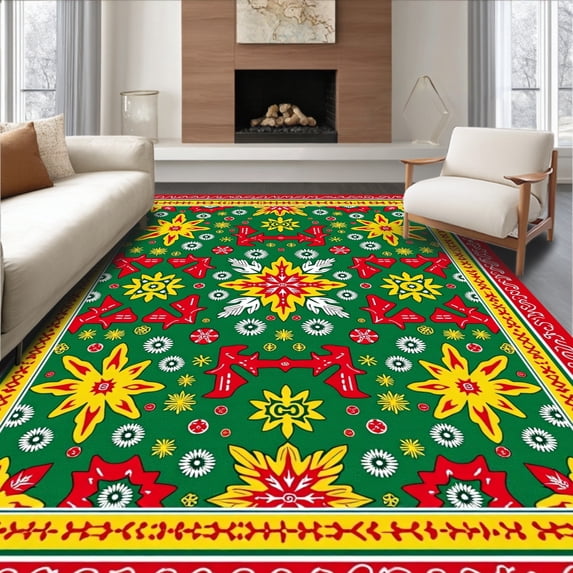 ODIKA 3'x5' Machine Washable Non-Slip Area Rug, Festive Holiday Bath Featuring Joyful Ornament Decoration High Traffic Rug with Pad, Green, 655983