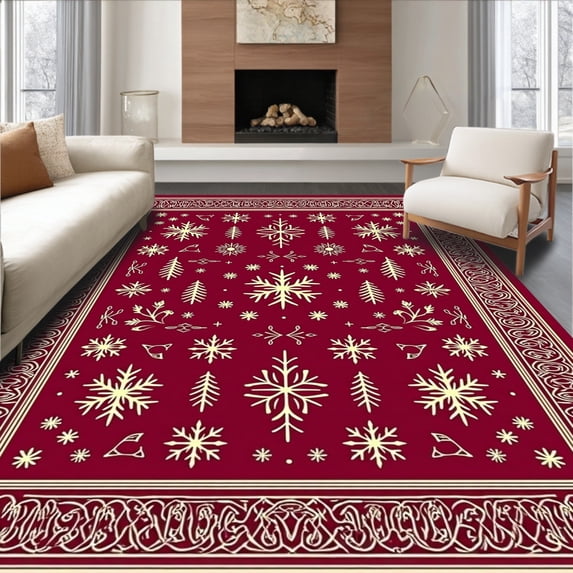 ODIKA 3'x5' Machine Washable Non-Slip Area Rug, Festive Holiday Rustic With Charming Xmas Symbols High Traffic Rug with Pad, Red, 731622