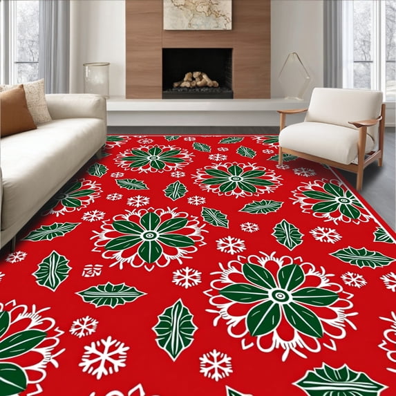 ODIKA 3'x5' Machine Washable Non-Slip Area Rug, Festive Holly Berry with Intricate Snowflake Filigree Design High Traffic Rug with Pad, Red, 739318