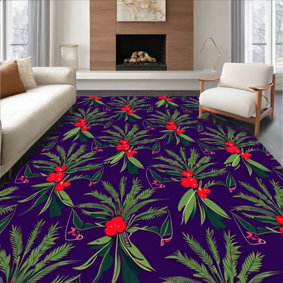 ODIKA 3'x5' Machine Washable Non-Slip Area Rug, Festive Holly Sprigs and Pine Needles Seasonal Floor Duo High Traffic Rug, Purple, 626213