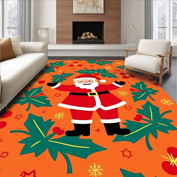 ODIKA 3'x5' Machine Washable Non-Slip Area Rug, Festive Holly Wreath Anti Slip Bath with Jolly Santa Claus Design High Traffic Rug with Pad, Orange, 626580