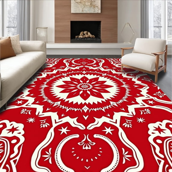 ODIKA 3'x5' Machine Washable Non-Slip Area Rug, Festive Kaleidoscope Floor Covering with Celebration Themes High Traffic Rug with Pad, Red, 618490