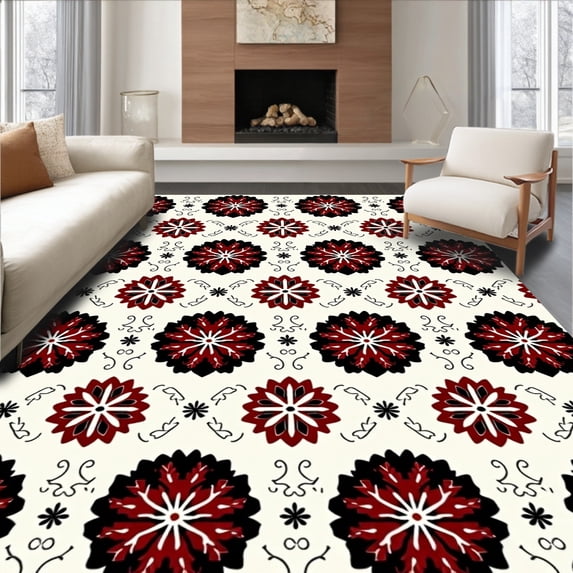 ODIKA 3'x5' Machine Washable Non-Slip Area Rug, Festive Nordic Snowflake Medallion Design High Traffic Rug with Pad, Red, 501219