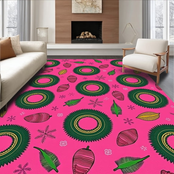 ODIKA 3'x5' Machine Washable Non-Slip Area Rug, Festive Nordic Wreaths and Pine Cones Christmas Trio High Traffic Rug, Pink, 731583
