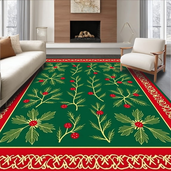 ODIKA 3'x5' Machine Washable Non-Slip Area Rug, Festive Patchwork with Holly and Berry Motifs High Traffic Rug, Green, 734313