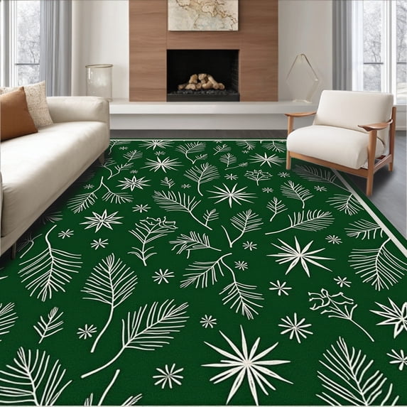 ODIKA 3'x5' Machine Washable Non-Slip Area Rug, Festive Pine Branch Doormat with Snowflake Accents Holiday Entrance High Traffic Rug with Pad, Green, 622178