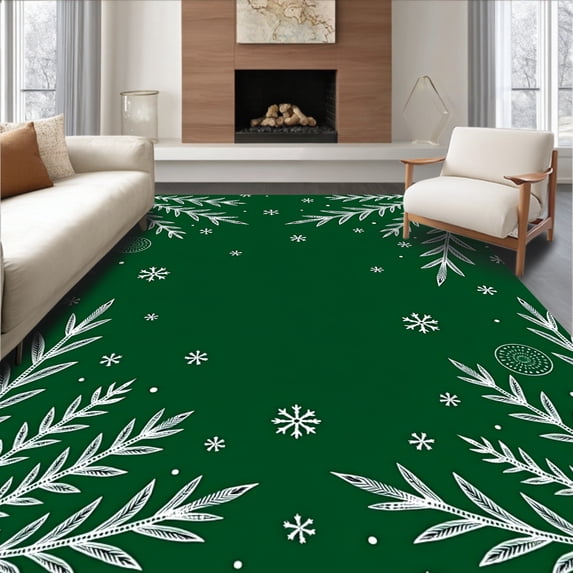 ODIKA 3'x5' Machine Washable Non-Slip Area Rug, Festive Pine Branch Snowfall Holiday Floor High Traffic Rug, Green, 621336
