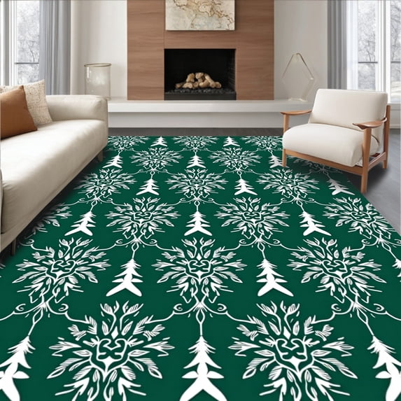 ODIKA 3'x5' Machine Washable Non-Slip Area Rug, Festive Pine Forest and Snowflake Mosaic Holiday High Traffic Rug with Pad, Green, 621291