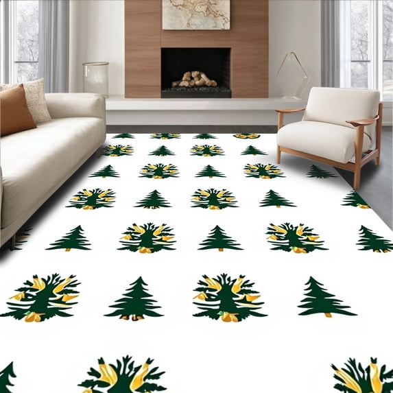 ODIKA 3'x5' Machine Washable Non-Slip Area Rug, Festive Pine Tree Bath with Holiday Bell Accents High Traffic Rug, Green, 652028
