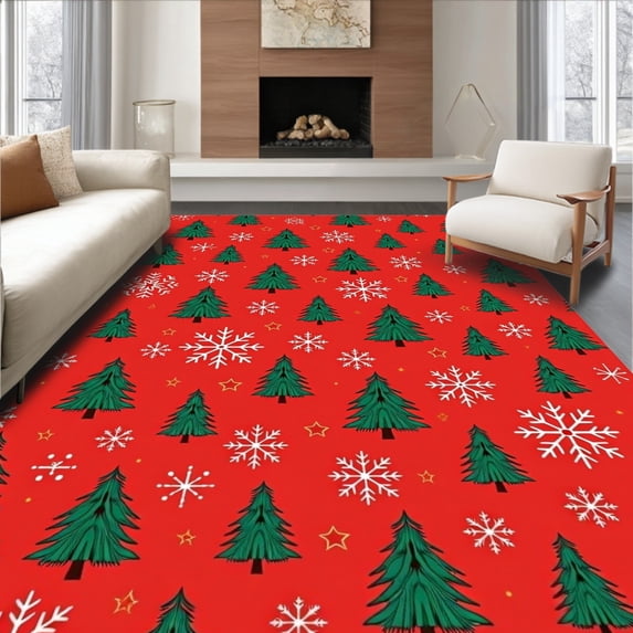 ODIKA 3'x5' Machine Washable Non-Slip Area Rug, Festive Pine Tree Motif with Sparkling Accents High Traffic Rug with Pad, Red, 606855