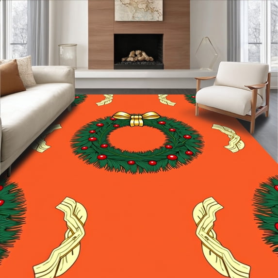ODIKA 3'x5' Machine Washable Non-Slip Area Rug, Festive Pine Wreath with Berries and Gold Ribbon Accent High Traffic Rug with Pad, Orange, 614831