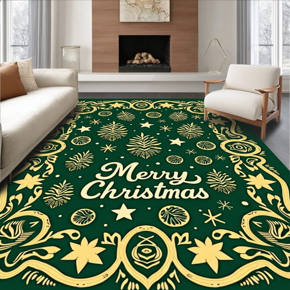 ODIKA 3'x5' Machine Washable Non-Slip Area Rug, Festive Pinecone Design with Twinkling Stars and Joyous Message High Traffic Rug with Pad, Green, 735337