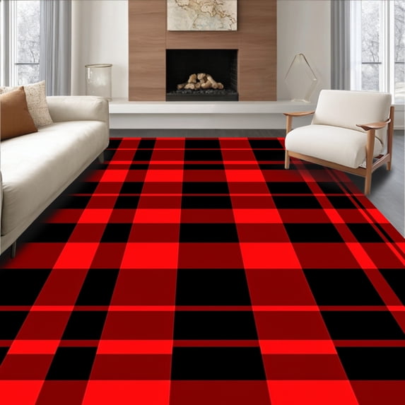 ODIKA 3'x5' Machine Washable Non-Slip Area Rug, Festive Plaid Checkered Holiday with Winter Motifs High Traffic Rug with Pad, Red, 651635