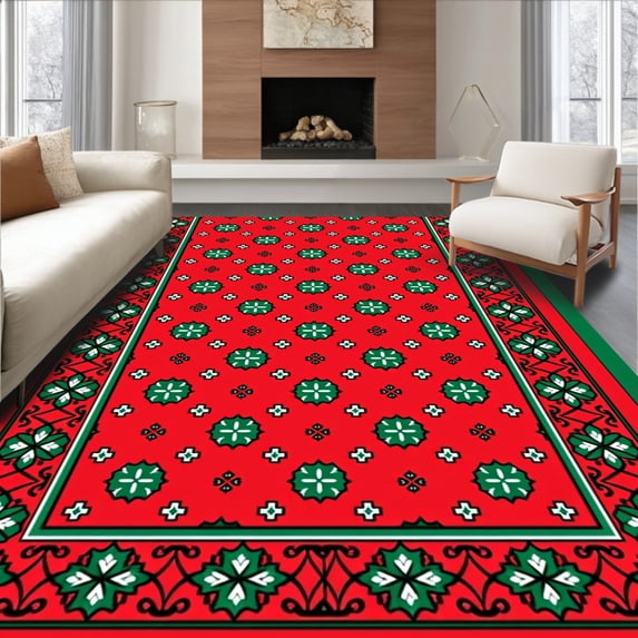 ODIKA 3'x5' Machine Washable Non-Slip Area Rug, Festive Plaid Holiday With Elegant Trellis High Traffic Rug, Red, 611122
