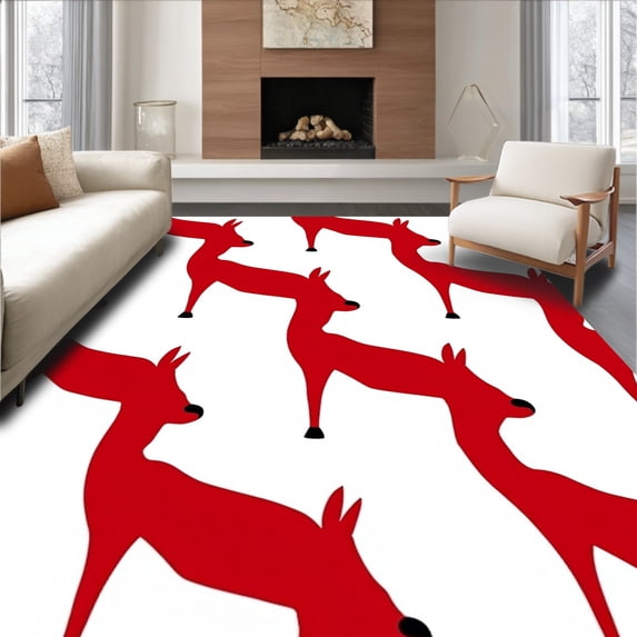 ODIKA 3'x5' Machine Washable Non-Slip Area Rug, Festive Reindeer Parade with Yuletide Spirit High Traffic Rug, Red, 735227