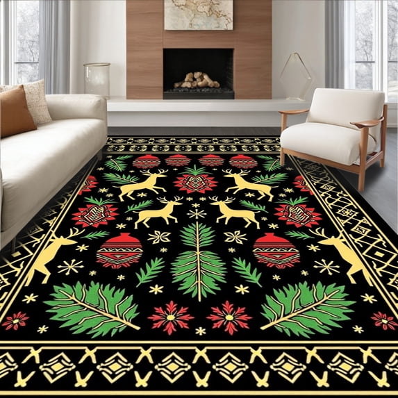 ODIKA 3'x5' Machine Washable Non-Slip Area Rug, Festive Reindeer and Pine Cones Interlocking Scandinavian Holiday Art High Traffic Rug, Black, 655125