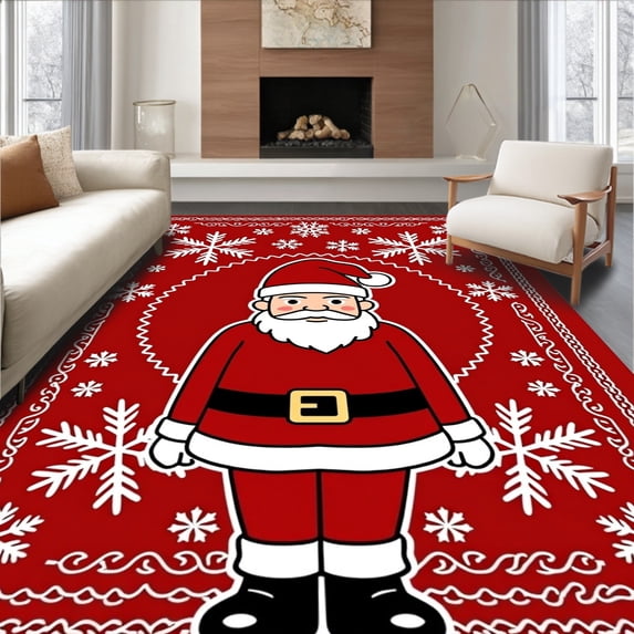 ODIKA 3'x5' Machine Washable Non-Slip Area Rug, Festive Santa Half Moon with Snowflake Embellishments High Traffic Rug with Pad, Red, 617821