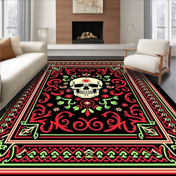 ODIKA 3'x5' Machine Washable Non-Slip Area Rug, Festive Skull Latch Hook Pillow Project High Traffic Rug with Pad, Black, 641622
