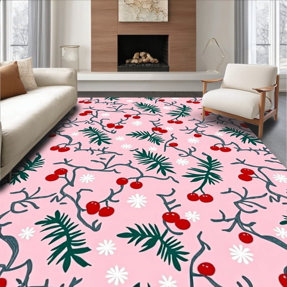 ODIKA 3'x5' Machine Washable Non-Slip Area Rug, Festive Snow Tree Motif with Berry Accents Decorative High Traffic Rug with Pad, Pink, 731474