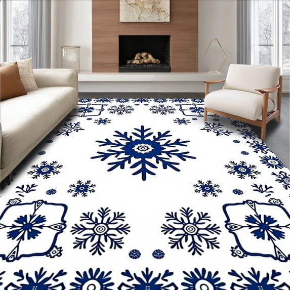 ODIKA 3'x5' Machine Washable Non-Slip Area Rug, Festive Snowflake Toilet Lid Cover Holiday Bathroom Decoration High Traffic Rug with Pad, Blue, 625980