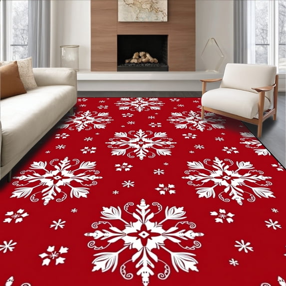 ODIKA 3'x5' Machine Washable Non-Slip Area Rug, Festive Snowflake Winter Wonderland Holiday Decoration Flooring High Traffic Rug with Pad, Red, 623132