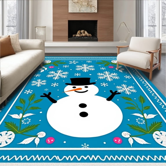 ODIKA 3'x5' Machine Washable Non-Slip Area Rug, Festive Snowman Holiday Welcome Doorstep Greeting High Traffic Rug, Blue, 608069